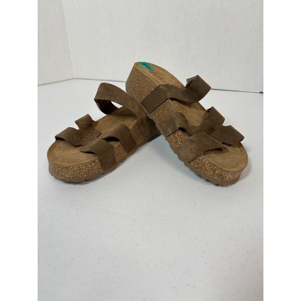 Yokono Brown Suede Sandals Made in Spain Cork Footbed Slides Womens 8 NWOT